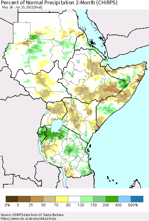 Eastern Africa Percent of Normal Precipitation 2-Month (CHIRPS) Thematic Map For 5/26/2022 - 7/25/2022
