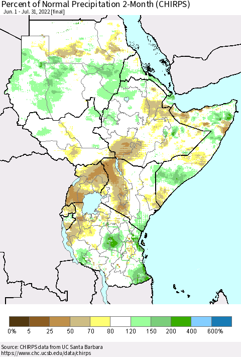 Eastern Africa Percent of Normal Precipitation 2-Month (CHIRPS) Thematic Map For 6/1/2022 - 7/31/2022