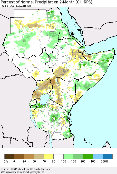 Eastern Africa Percent of Normal Precipitation 2-Month (CHIRPS) Thematic Map For 6/6/2022 - 8/5/2022