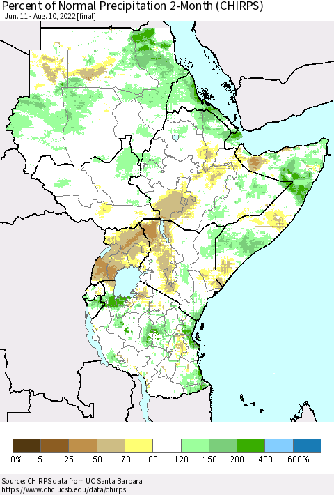 Eastern Africa Percent of Normal Precipitation 2-Month (CHIRPS) Thematic Map For 6/11/2022 - 8/10/2022