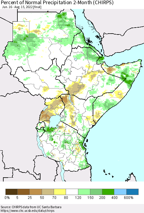Eastern Africa Percent of Normal Precipitation 2-Month (CHIRPS) Thematic Map For 6/16/2022 - 8/15/2022