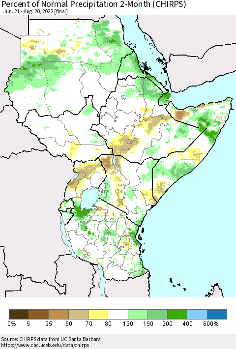 Eastern Africa Percent of Normal Precipitation 2-Month (CHIRPS) Thematic Map For 6/21/2022 - 8/20/2022