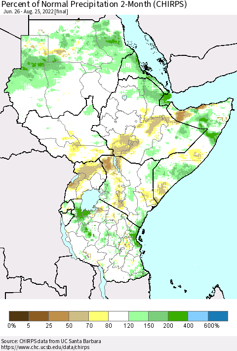 Eastern Africa Percent of Normal Precipitation 2-Month (CHIRPS) Thematic Map For 6/26/2022 - 8/25/2022