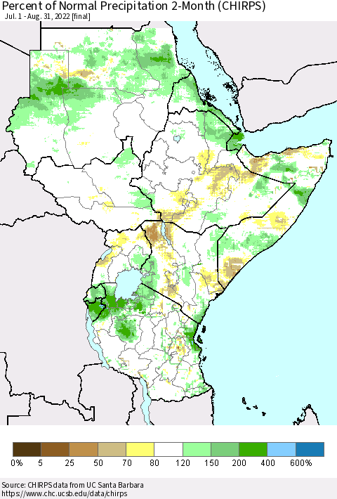 Eastern Africa Percent of Normal Precipitation 2-Month (CHIRPS) Thematic Map For 7/1/2022 - 8/31/2022