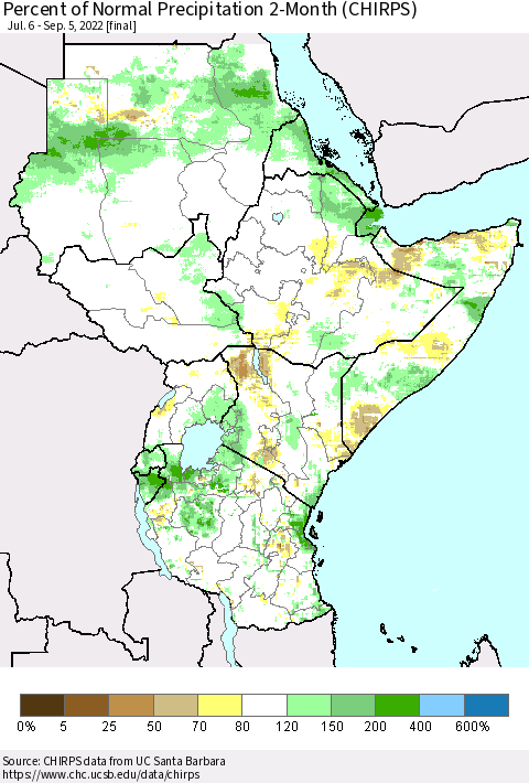 Eastern Africa Percent of Normal Precipitation 2-Month (CHIRPS) Thematic Map For 7/6/2022 - 9/5/2022