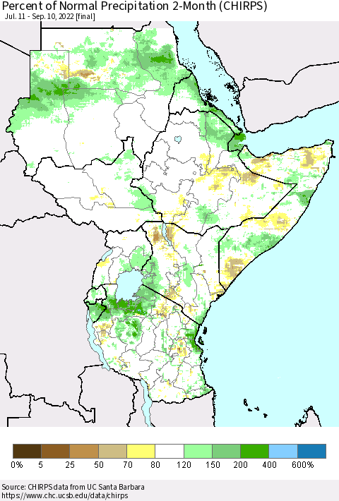 Eastern Africa Percent of Normal Precipitation 2-Month (CHIRPS) Thematic Map For 7/11/2022 - 9/10/2022