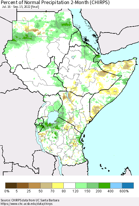 Eastern Africa Percent of Normal Precipitation 2-Month (CHIRPS) Thematic Map For 7/16/2022 - 9/15/2022