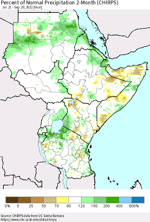 Eastern Africa Percent of Normal Precipitation 2-Month (CHIRPS) Thematic Map For 7/21/2022 - 9/20/2022