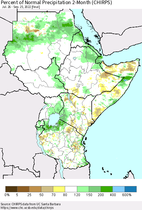 Eastern Africa Percent of Normal Precipitation 2-Month (CHIRPS) Thematic Map For 7/26/2022 - 9/25/2022