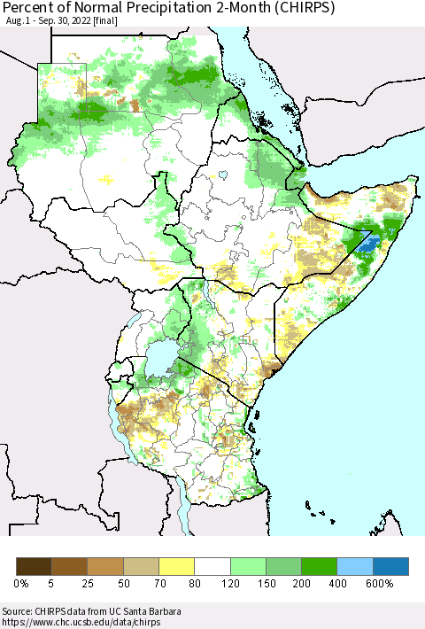 Eastern Africa Percent of Normal Precipitation 2-Month (CHIRPS) Thematic Map For 8/1/2022 - 9/30/2022