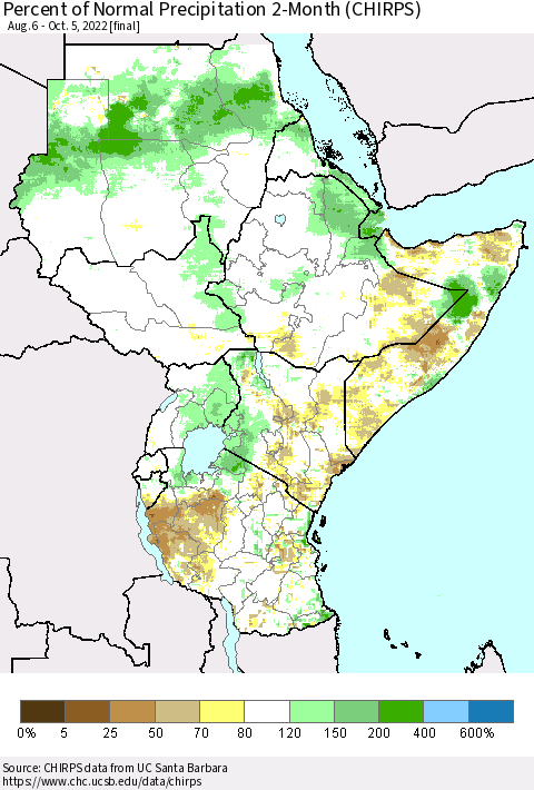 Eastern Africa Percent of Normal Precipitation 2-Month (CHIRPS) Thematic Map For 8/6/2022 - 10/5/2022