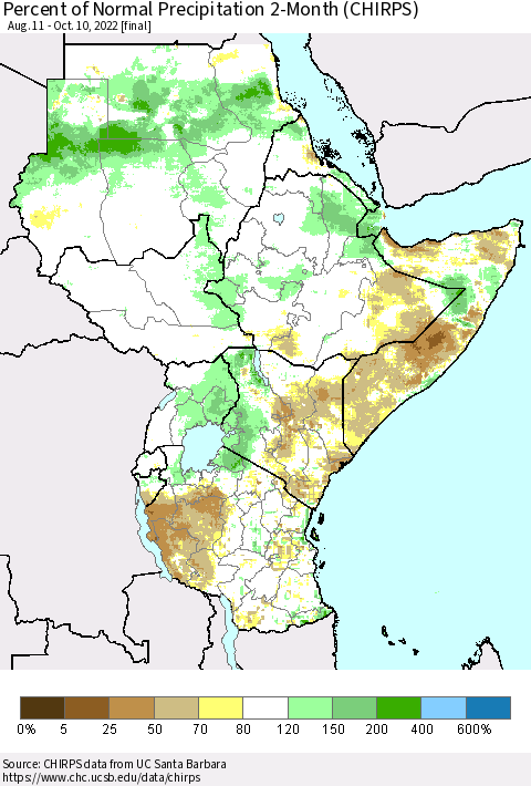 Eastern Africa Percent of Normal Precipitation 2-Month (CHIRPS) Thematic Map For 8/11/2022 - 10/10/2022