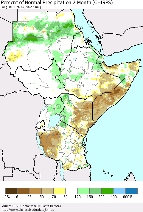 Eastern Africa Percent of Normal Precipitation 2-Month (CHIRPS) Thematic Map For 8/16/2022 - 10/15/2022