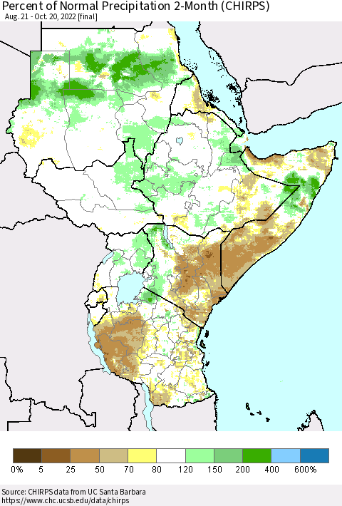 Eastern Africa Percent of Normal Precipitation 2-Month (CHIRPS) Thematic Map For 8/21/2022 - 10/20/2022