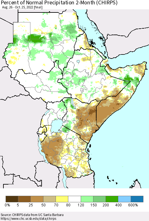 Eastern Africa Percent of Normal Precipitation 2-Month (CHIRPS) Thematic Map For 8/26/2022 - 10/25/2022