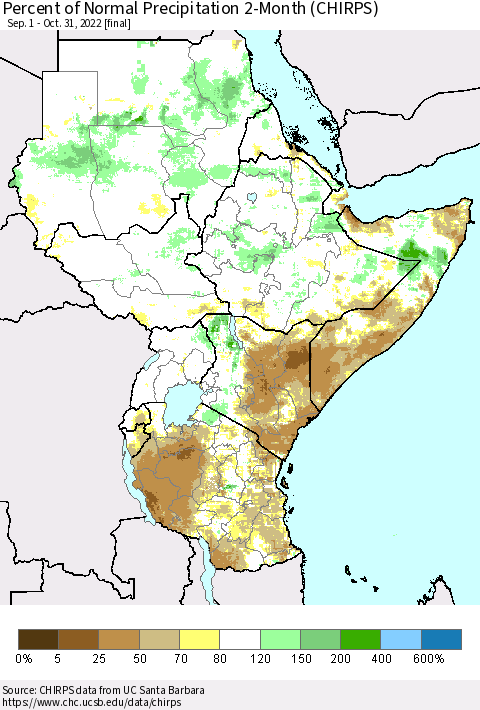 Eastern Africa Percent of Normal Precipitation 2-Month (CHIRPS) Thematic Map For 9/1/2022 - 10/31/2022