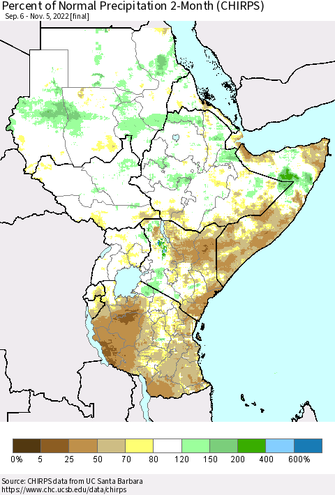 Eastern Africa Percent of Normal Precipitation 2-Month (CHIRPS) Thematic Map For 9/6/2022 - 11/5/2022