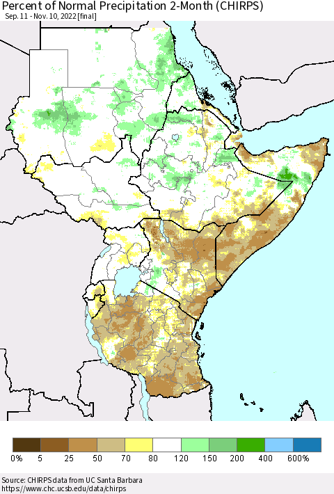 Eastern Africa Percent of Normal Precipitation 2-Month (CHIRPS) Thematic Map For 9/11/2022 - 11/10/2022