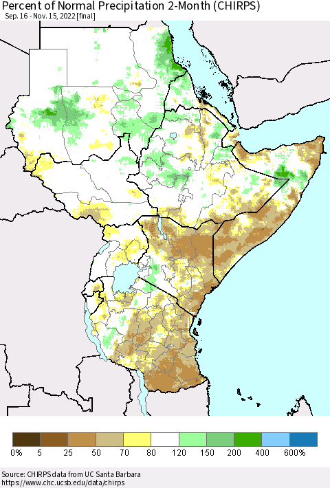 Eastern Africa Percent of Normal Precipitation 2-Month (CHIRPS) Thematic Map For 9/16/2022 - 11/15/2022