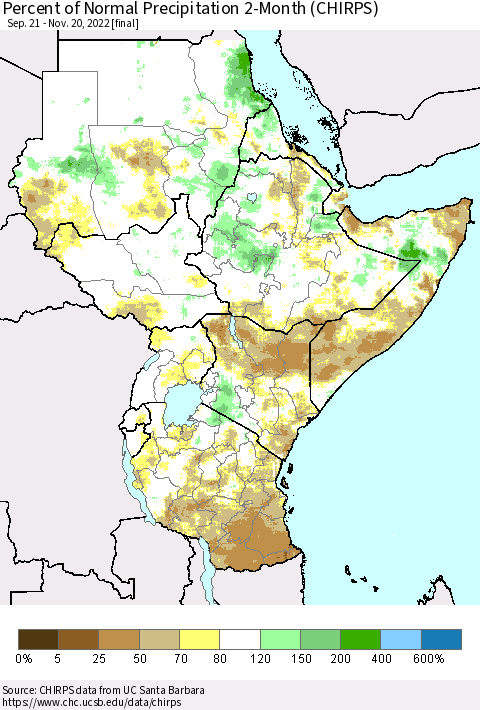Eastern Africa Percent of Normal Precipitation 2-Month (CHIRPS) Thematic Map For 9/21/2022 - 11/20/2022