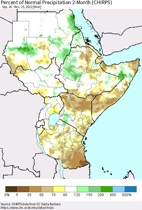 Eastern Africa Percent of Normal Precipitation 2-Month (CHIRPS) Thematic Map For 9/26/2022 - 11/25/2022