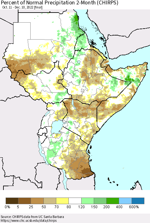 Eastern Africa Percent of Normal Precipitation 2-Month (CHIRPS) Thematic Map For 10/11/2022 - 12/10/2022