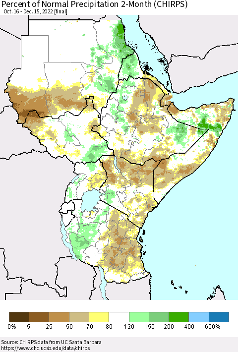 Eastern Africa Percent of Normal Precipitation 2-Month (CHIRPS) Thematic Map For 10/16/2022 - 12/15/2022