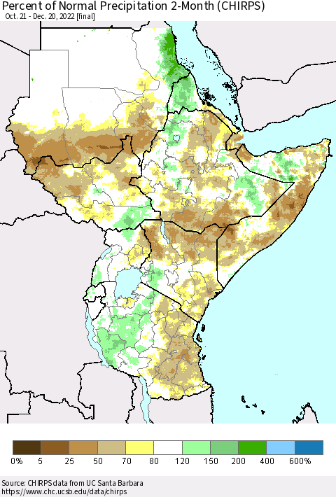 Eastern Africa Percent of Normal Precipitation 2-Month (CHIRPS) Thematic Map For 10/21/2022 - 12/20/2022