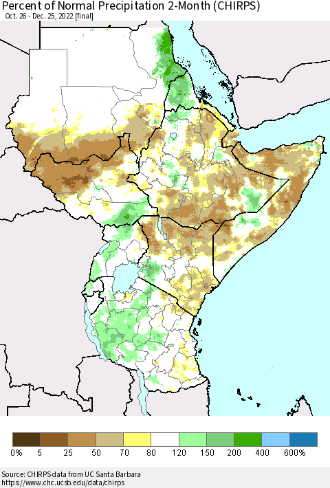 Eastern Africa Percent of Normal Precipitation 2-Month (CHIRPS) Thematic Map For 10/26/2022 - 12/25/2022