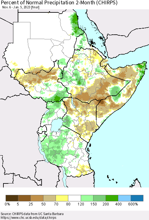 Eastern Africa Percent of Normal Precipitation 2-Month (CHIRPS) Thematic Map For 11/6/2022 - 1/5/2023