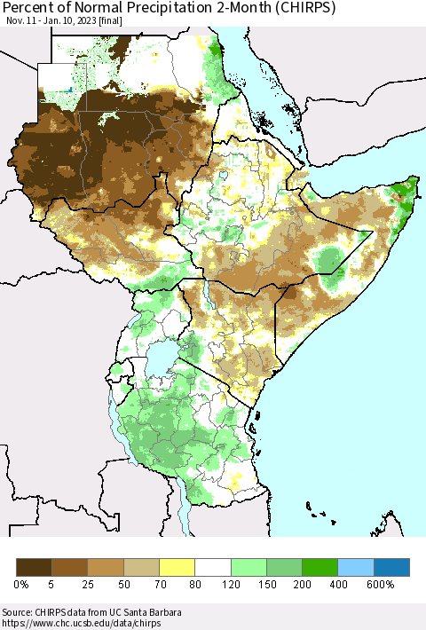 Eastern Africa Percent of Normal Precipitation 2-Month (CHIRPS) Thematic Map For 11/11/2022 - 1/10/2023
