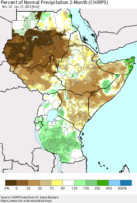 Eastern Africa Percent of Normal Precipitation 2-Month (CHIRPS) Thematic Map For 11/16/2022 - 1/15/2023
