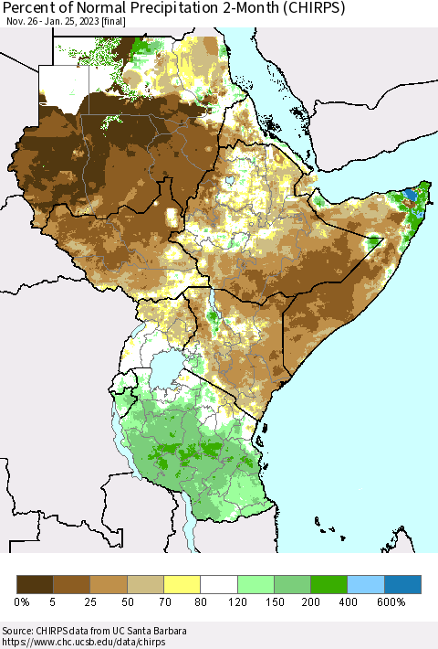 Eastern Africa Percent of Normal Precipitation 2-Month (CHIRPS) Thematic Map For 11/26/2022 - 1/25/2023