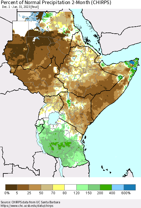 Eastern Africa Percent of Normal Precipitation 2-Month (CHIRPS) Thematic Map For 12/1/2022 - 1/31/2023