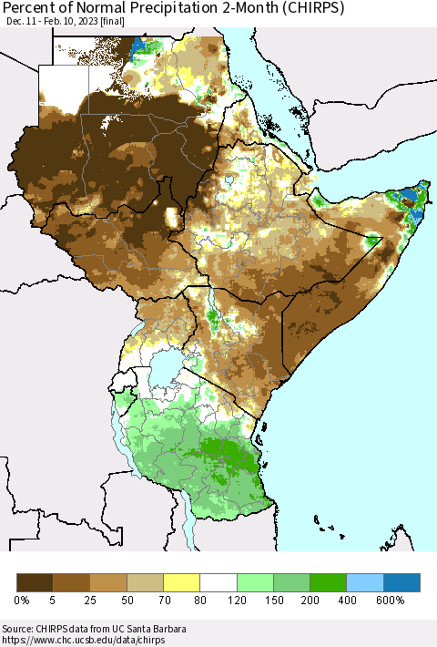 Eastern Africa Percent of Normal Precipitation 2-Month (CHIRPS) Thematic Map For 12/11/2022 - 2/10/2023