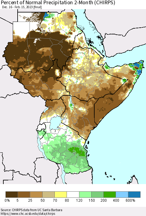 Eastern Africa Percent of Normal Precipitation 2-Month (CHIRPS) Thematic Map For 12/16/2022 - 2/15/2023