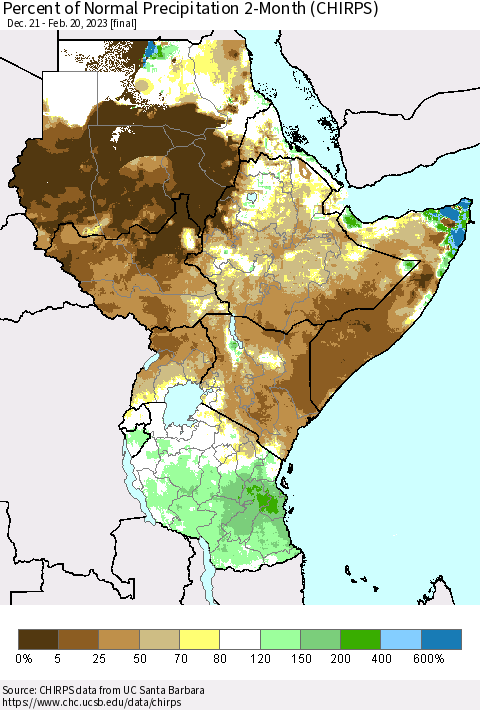 Eastern Africa Percent of Normal Precipitation 2-Month (CHIRPS) Thematic Map For 12/21/2022 - 2/20/2023