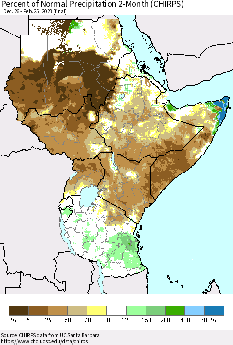 Eastern Africa Percent of Normal Precipitation 2-Month (CHIRPS) Thematic Map For 12/26/2022 - 2/25/2023