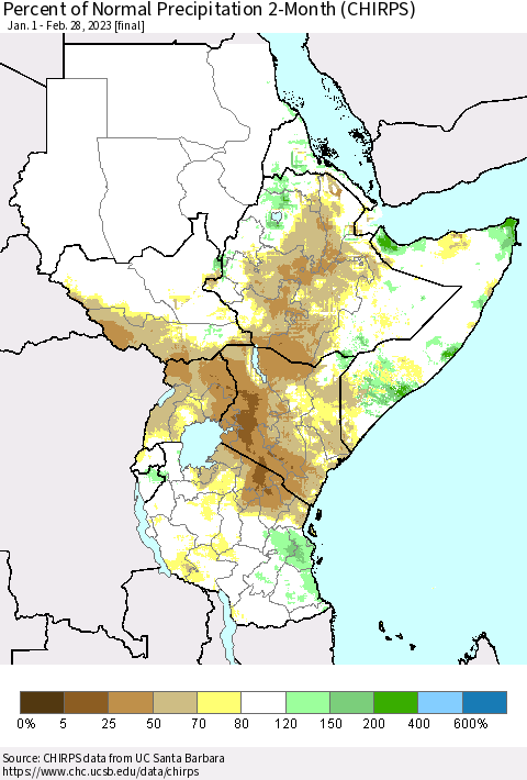 Eastern Africa Percent of Normal Precipitation 2-Month (CHIRPS) Thematic Map For 1/1/2023 - 2/28/2023