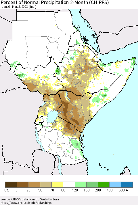 Eastern Africa Percent of Normal Precipitation 2-Month (CHIRPS) Thematic Map For 1/6/2023 - 3/5/2023