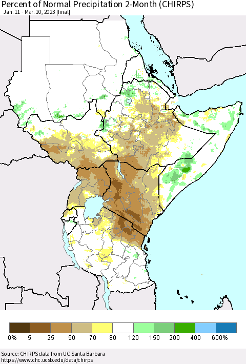Eastern Africa Percent of Normal Precipitation 2-Month (CHIRPS) Thematic Map For 1/11/2023 - 3/10/2023