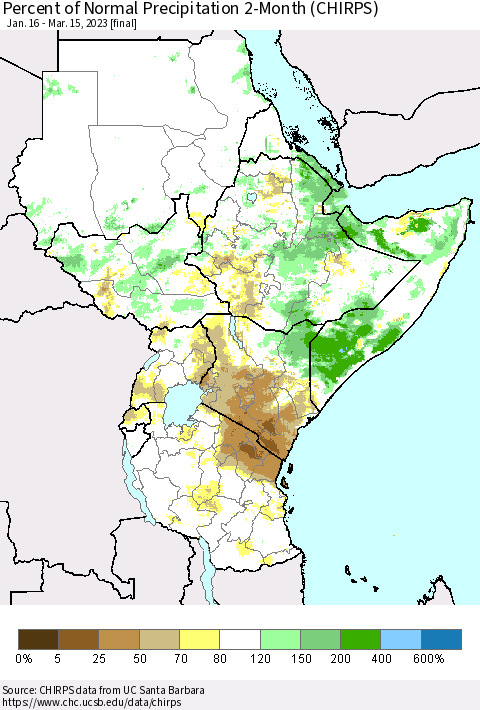 Eastern Africa Percent of Normal Precipitation 2-Month (CHIRPS) Thematic Map For 1/16/2023 - 3/15/2023