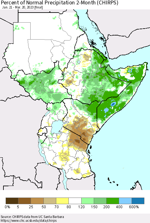 Eastern Africa Percent of Normal Precipitation 2-Month (CHIRPS) Thematic Map For 1/21/2023 - 3/20/2023