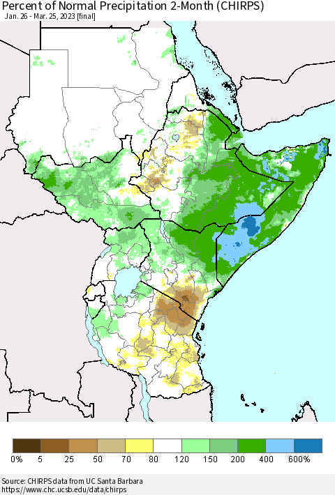 Eastern Africa Percent of Normal Precipitation 2-Month (CHIRPS) Thematic Map For 1/26/2023 - 3/25/2023