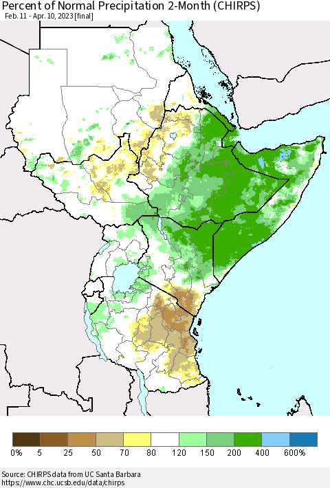 Eastern Africa Percent of Normal Precipitation 2-Month (CHIRPS) Thematic Map For 2/11/2023 - 4/10/2023