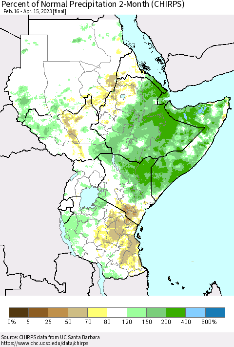 Eastern Africa Percent of Normal Precipitation 2-Month (CHIRPS) Thematic Map For 2/16/2023 - 4/15/2023