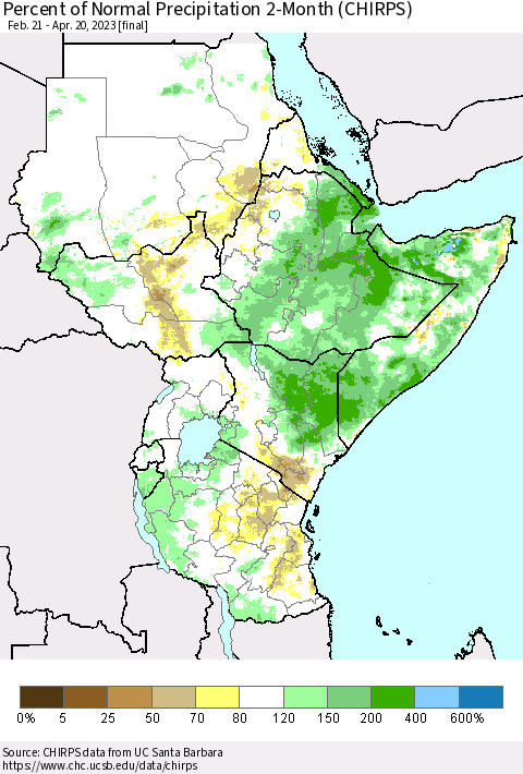 Eastern Africa Percent of Normal Precipitation 2-Month (CHIRPS) Thematic Map For 2/21/2023 - 4/20/2023