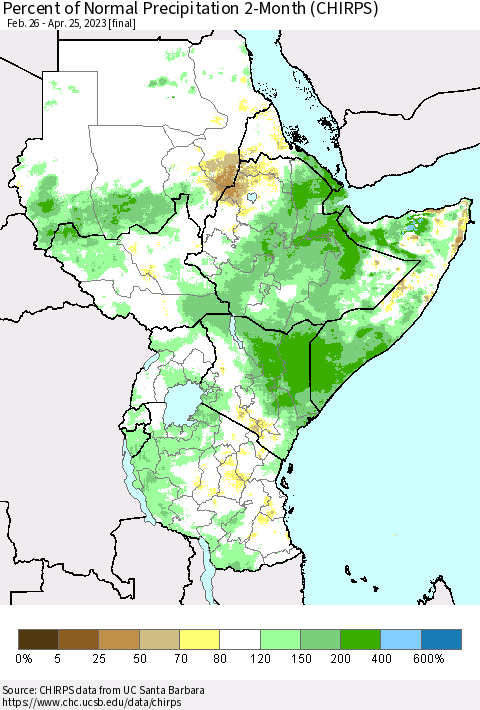 Eastern Africa Percent of Normal Precipitation 2-Month (CHIRPS) Thematic Map For 2/26/2023 - 4/25/2023