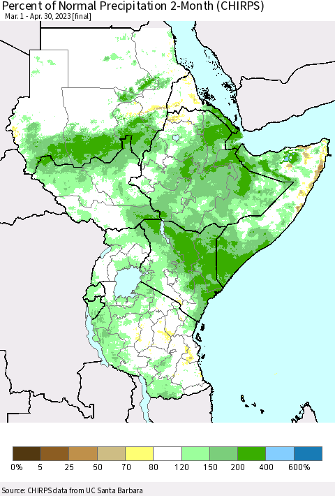 Eastern Africa Percent of Normal Precipitation 2-Month (CHIRPS) Thematic Map For 3/1/2023 - 4/30/2023
