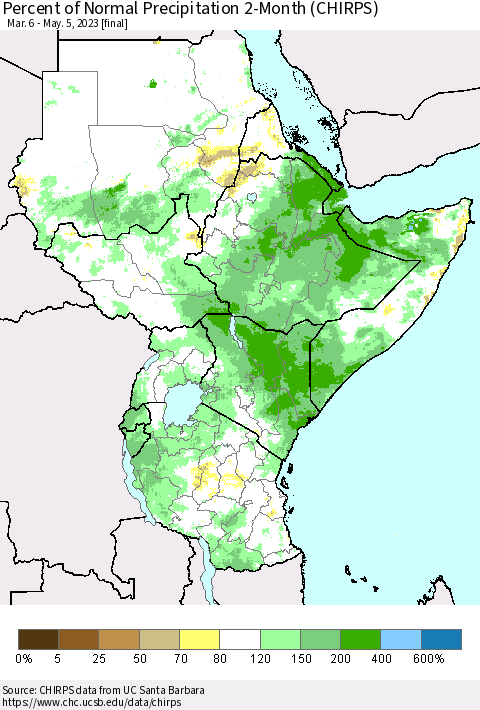Eastern Africa Percent of Normal Precipitation 2-Month (CHIRPS) Thematic Map For 3/6/2023 - 5/5/2023